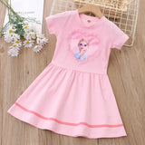 Girls summer dress featuring a cartoon princess design, made of cotton, ideal for ages 4-6, in a lovely pink color.