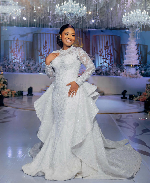 Stunning Aso Ebi mermaid wedding dress with detachable train, featuring sequins and lace, perfect for beach or boho weddings.