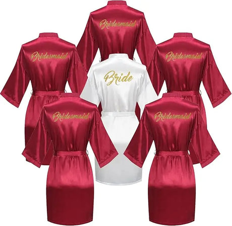 6-piece satin bridal shower robe set featuring 'Bride' and 'Bridesmaid' robes in red and white for women.