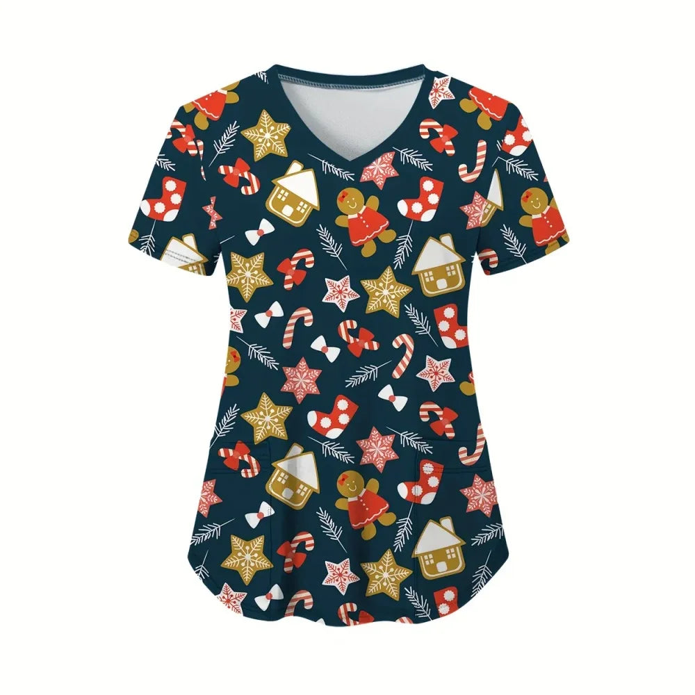 Christmas cartoon nurse scrubs featuring gingerbread men, candy canes, stars, and festive motifs on a navy background.