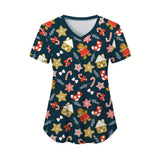 Christmas cartoon nurse scrubs featuring gingerbread men, candy canes, stars, and festive motifs on a navy background.