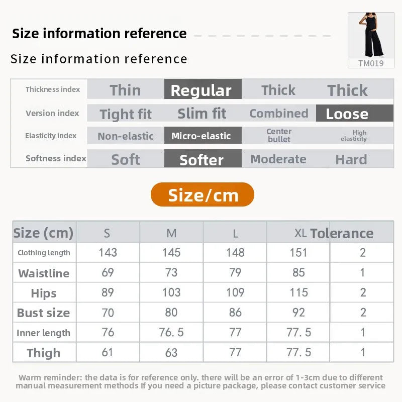 Size information chart for Sleeveless High Waist Maternity Jumpsuit, detailing measurements for S, M, L, and XL sizes.