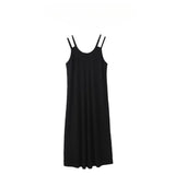 Black sleeveless strap maternity dress, casual summer outfit for women, mid-calf length, perfect for outdoor wear.