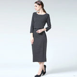 Postpartum nursing maternity dress with 3/4 sleeves and striped pattern, perfect for breastfeeding.