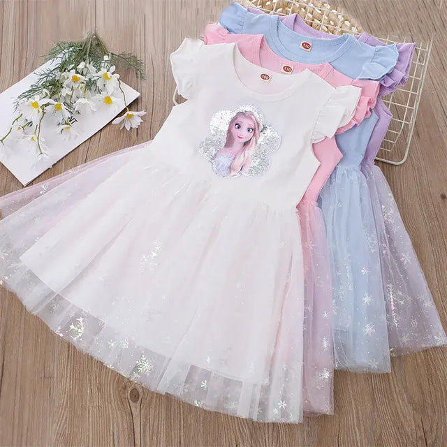 Girls summer dresses featuring princess designs in pastel colors, knee-length with playful tulle, perfect for ages 4-6.