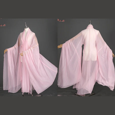 Women’s classical Hanfu in delicate pink, featuring flowing sleeves and lightweight fabric, perfect for stage costumes.