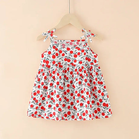 Summer cute girls dress with cherry print, sleeveless design, and bow straps, perfect for ages 4-6Y.