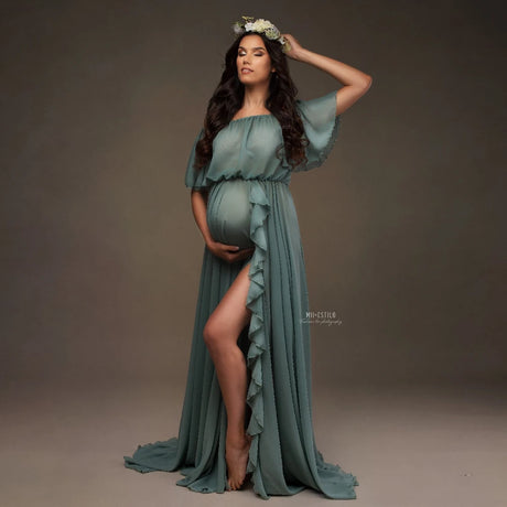 Chiffon ruffle sleeve maternity dress on a pregnant model, featuring a flowing ankle-length design in a soft blue-green color.