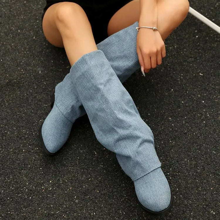 Women’s Knee High Cowboy Denim Boots 2025