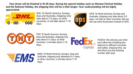 Shipping options and delivery times for wedding dresses via DHL, UPS, TNT, FedEx, and EMS.
