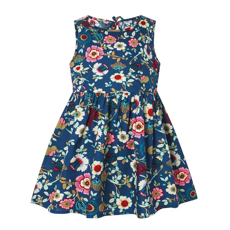 Navy blue girl's vest dress featuring colorful floral pattern, perfect for spring and summer wear.