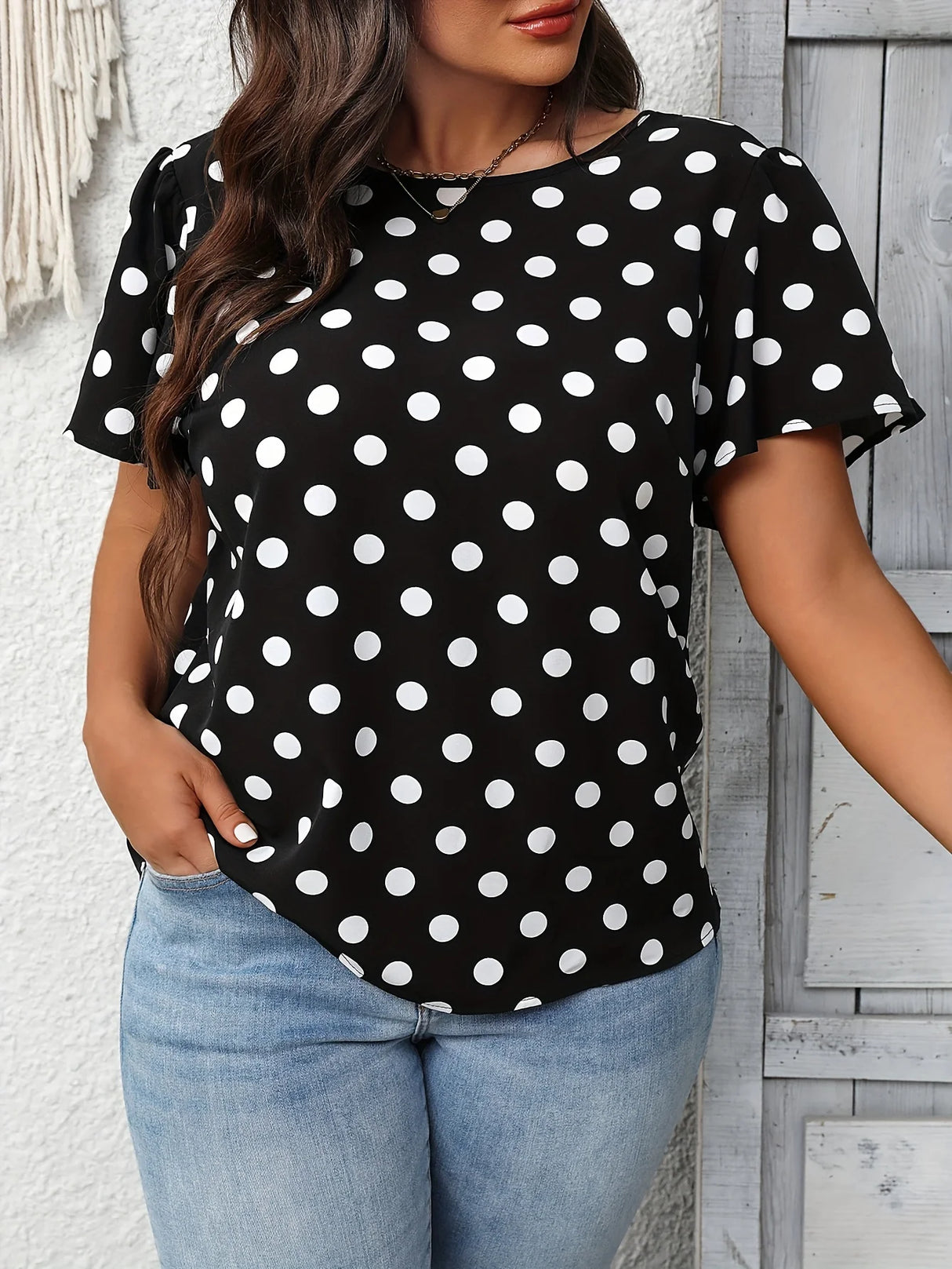 Women Plus Size Spot Print Bow Shirt