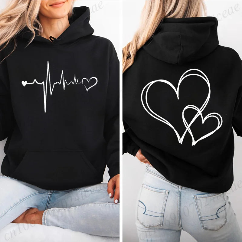 Women's Heartbeat Print Retro Hoodie