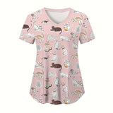 Women’s cartoon animal scrubs featuring playful cat patterns on a pink background, perfect for veterinary professionals.