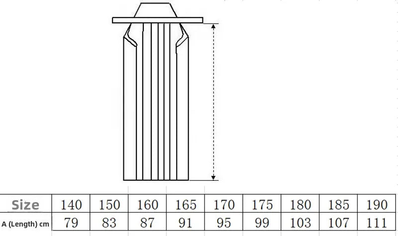 Kendo Hakama size chart showing measurements for length in centimeters for various sizes.