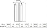 Kendo Hakama size chart showing measurements for length in centimeters for various sizes.
