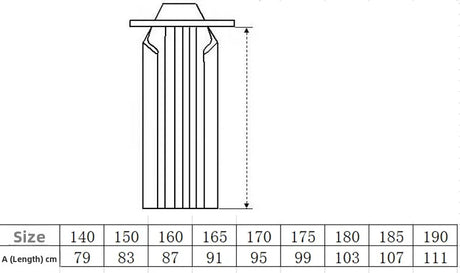 Kendo Hakama size chart showing measurements for length in centimeters for various sizes.