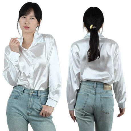 SilkAura™ imitation silk blouse in solid white, featuring a loose fit and turn-down collar, perfect for business casual wear.