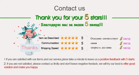 Thank you message for 5-star feedback with flowers and star ratings on service and shipping.