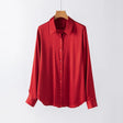 SatinGrace™ long sleeve red silk shirt, loose fit, premium 95% Mulberry silk, V-neck collar, single-breasted design.
