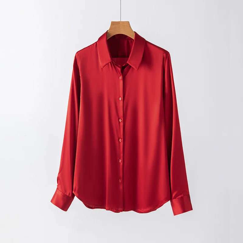 SatinGrace™ long sleeve red silk shirt, loose fit, premium 95% Mulberry silk, V-neck collar, single-breasted design.