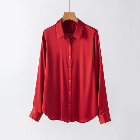 SatinGrace™ long sleeve red silk shirt, loose fit, premium 95% Mulberry silk, V-neck collar, single-breasted design.