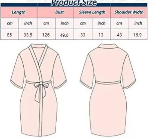 Size chart for Rose Gold Satin Bride Robe, including bust, sleeve length, and shoulder width measurements.