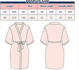 Size chart for Rose Gold Satin Bride Robe, including bust, sleeve length, and shoulder width measurements.