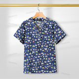 Printed nursing scrub top in blue with colorful animal designs, short sleeve, V-neck, breathable cotton fabric for women.