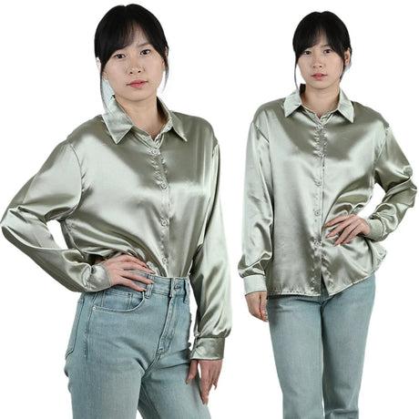 SilkAura™ imitation silk blouse in elegant loose fit, perfect for business casual wear, featuring a smooth, silky texture.