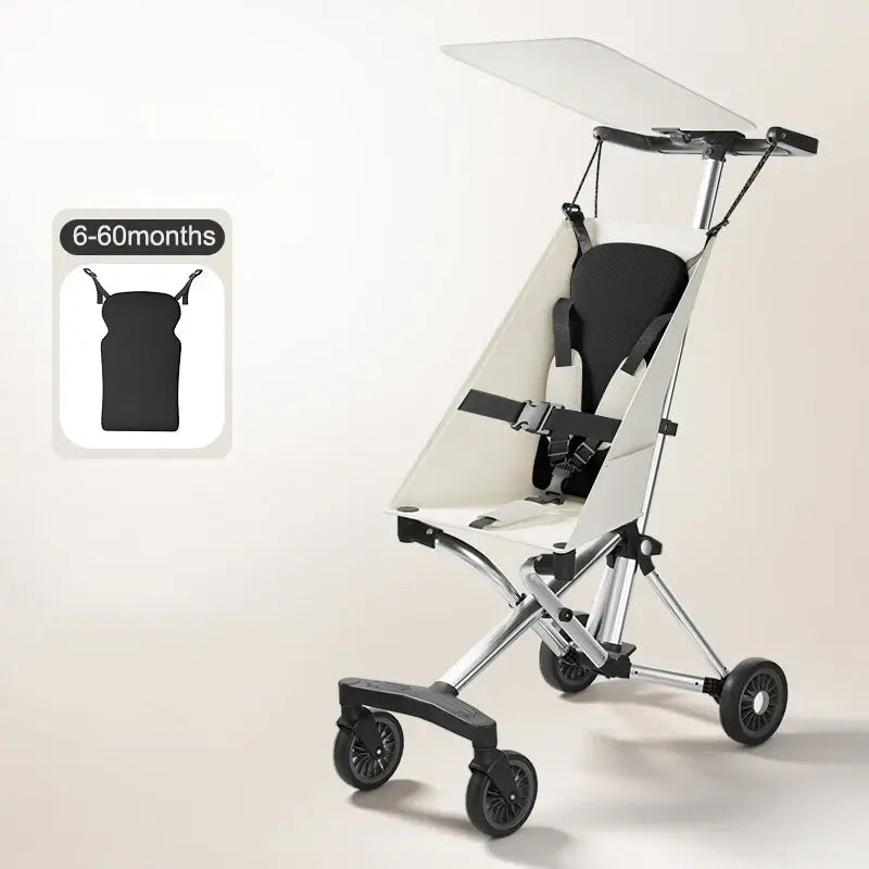 Lightweight travel stroller suitable for children ages 6-60 months, featuring an adjustable canopy and all-terrain wheels.