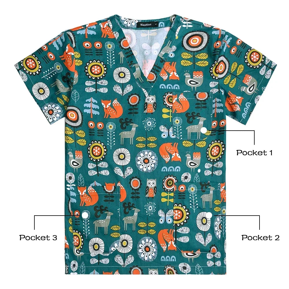Colorful women's hospital nurse scrubs featuring floral and animal prints with three convenient pockets.
