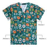 Colorful women's hospital nurse scrubs featuring floral and animal prints with three convenient pockets.