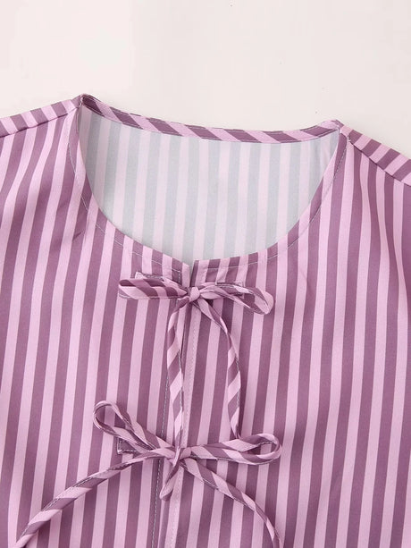 BowChic™ Stripe Lace-Up Blouse in pink-purple stripes with O-neck and lace detail for women's vintage style.