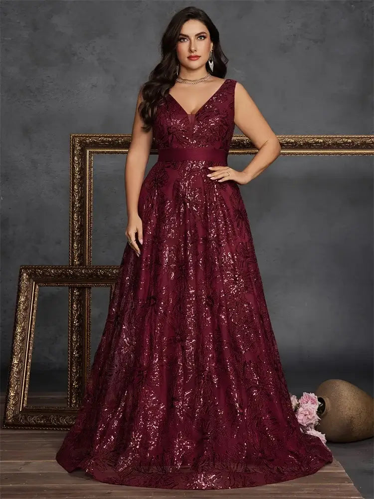 Women Plus Size V-Back Sequin Evening Cocktail Dress