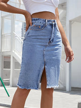 Women Blue Denim Slit Skirt