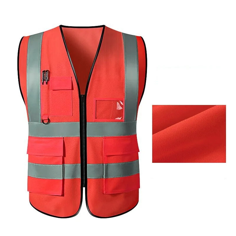 Unisex multi-pocket safety vest in bright red with reflective stripes, designed for utility and safety in work environments.