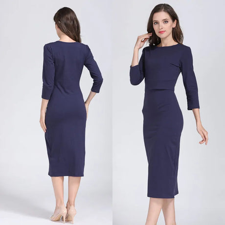 Postpartum nursing maternity dress in navy blue, featuring 3/4 sleeves and a knee-length design for breastfeeding mothers.