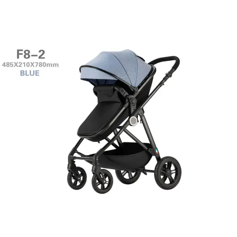 High-view four-wheel baby stroller in blue, model F8-2, designed for infants and toddlers, measuring 485X210X780mm.