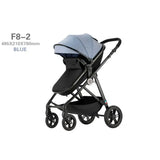 High-view four-wheel baby stroller in blue, model F8-2, designed for infants and toddlers, measuring 485X210X780mm.