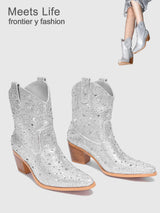 Women Silver Rhinestone Cowboy Boots – Sparkly Western Mid-Calf Boots