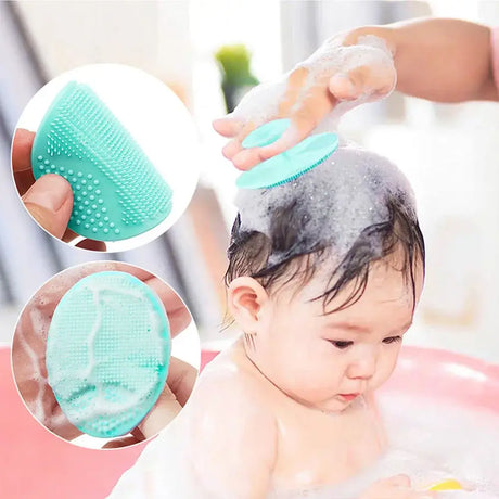 Baby silicone bath brush in use during bath time, perfect for gentle shampooing and baby care.
