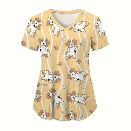 Cartoon animal scrubs featuring playful dogs and bones, perfect for women's veterinary uniforms.