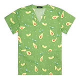 Women’s cotton scrub top featuring vibrant avocado print, perfect for nurses or medical professionals.