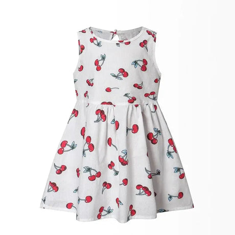 White sleeveless girl's vest dress featuring a playful cherry pattern, perfect for spring and summer. Ideal for ages 4-6.
