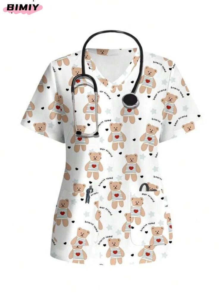 Women's colorful nurse scrub top featuring cute bear pattern, perfect for medical professionals.