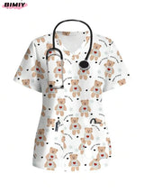 Women's colorful nurse scrub top featuring cute bear pattern, perfect for medical professionals.