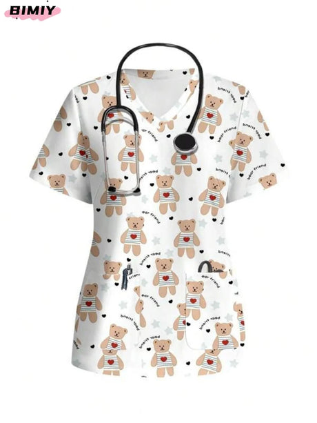 Women's colorful nurse scrub top featuring cute bear pattern, perfect for medical professionals.