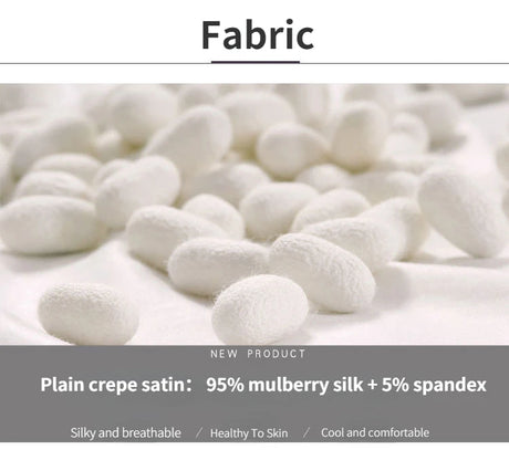 Close-up of 95% mulberry silk and 5% spandex fabric showing its silky and breathable texture.