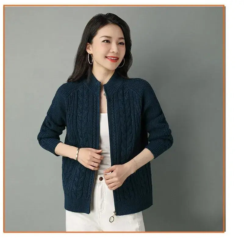 Women Zipper High Collar Knit Cardigan